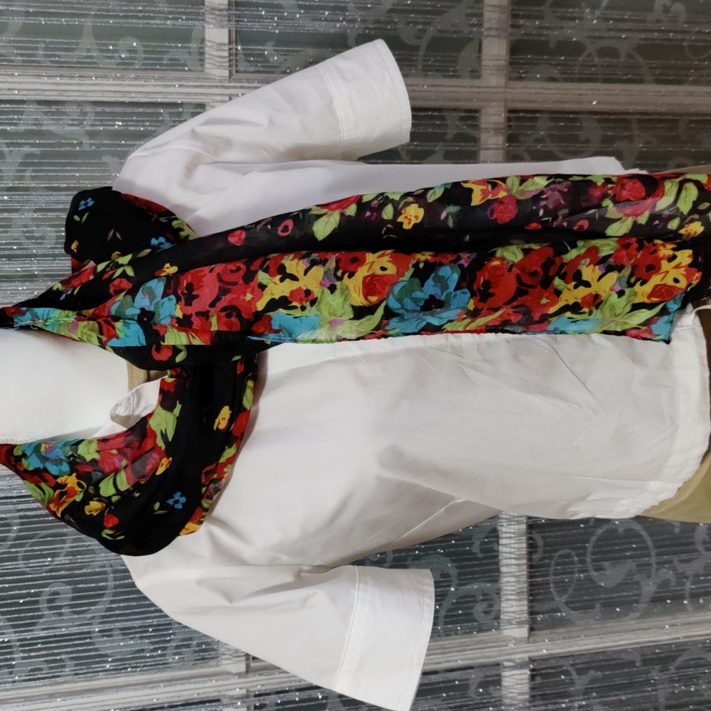 Thin fashion Scarf black and multi colored flowers